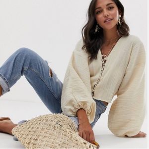 ASOS DESIGN Balloon sleeve bohemian top in cream